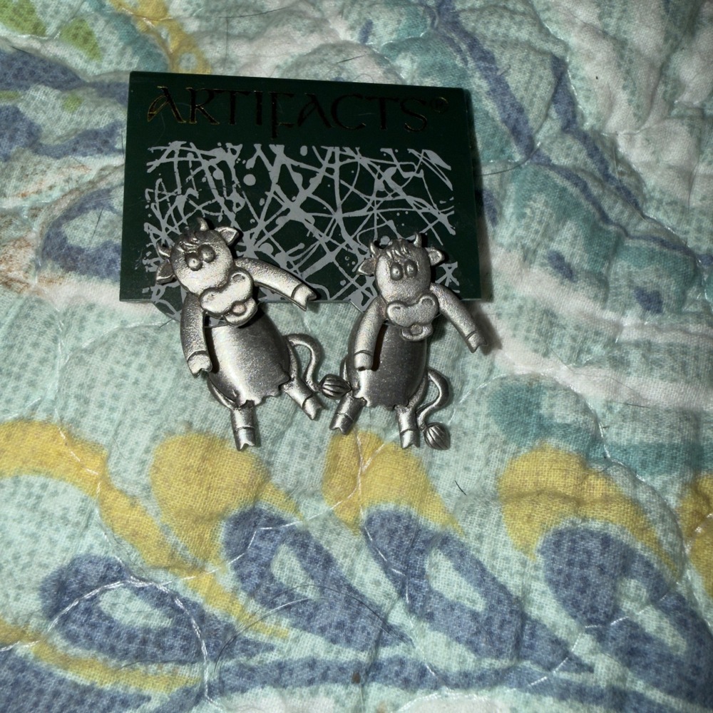 Vintage JJ Jonette  Artifacts Dancing Cow Pewter Stud Earrings Silver Tone